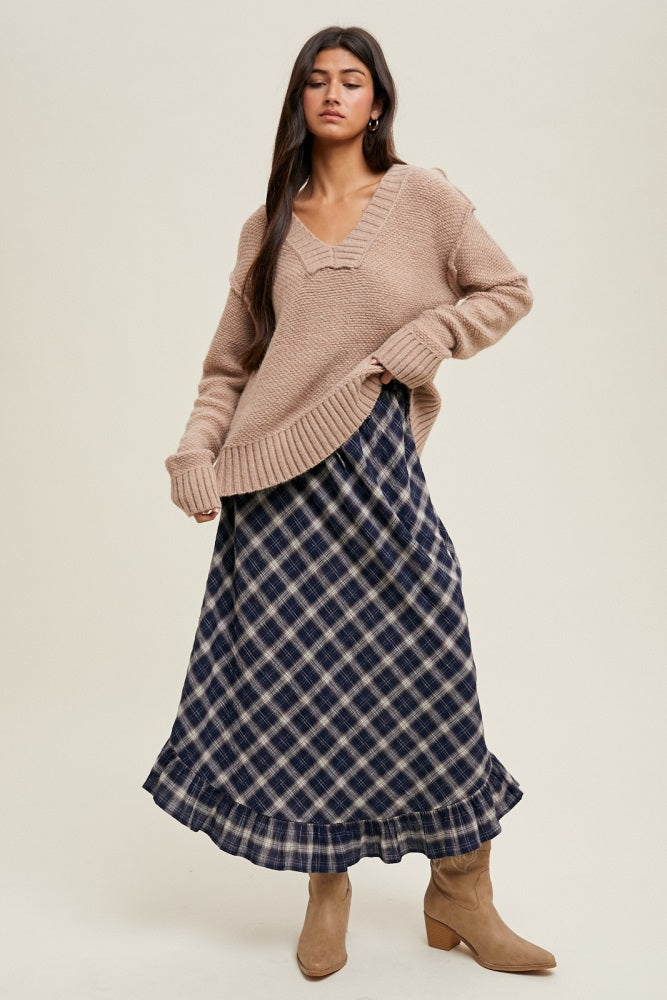 Navy Plaid Ruffle Trim Maternity Maxi Skirt