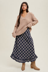 Navy Plaid Ruffle Trim Maternity Maxi Skirt