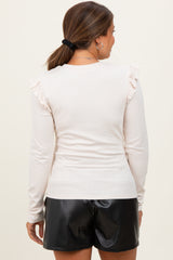 Cream Ribbed Knit Ruffle Detail Maternity Long Sleeve Top