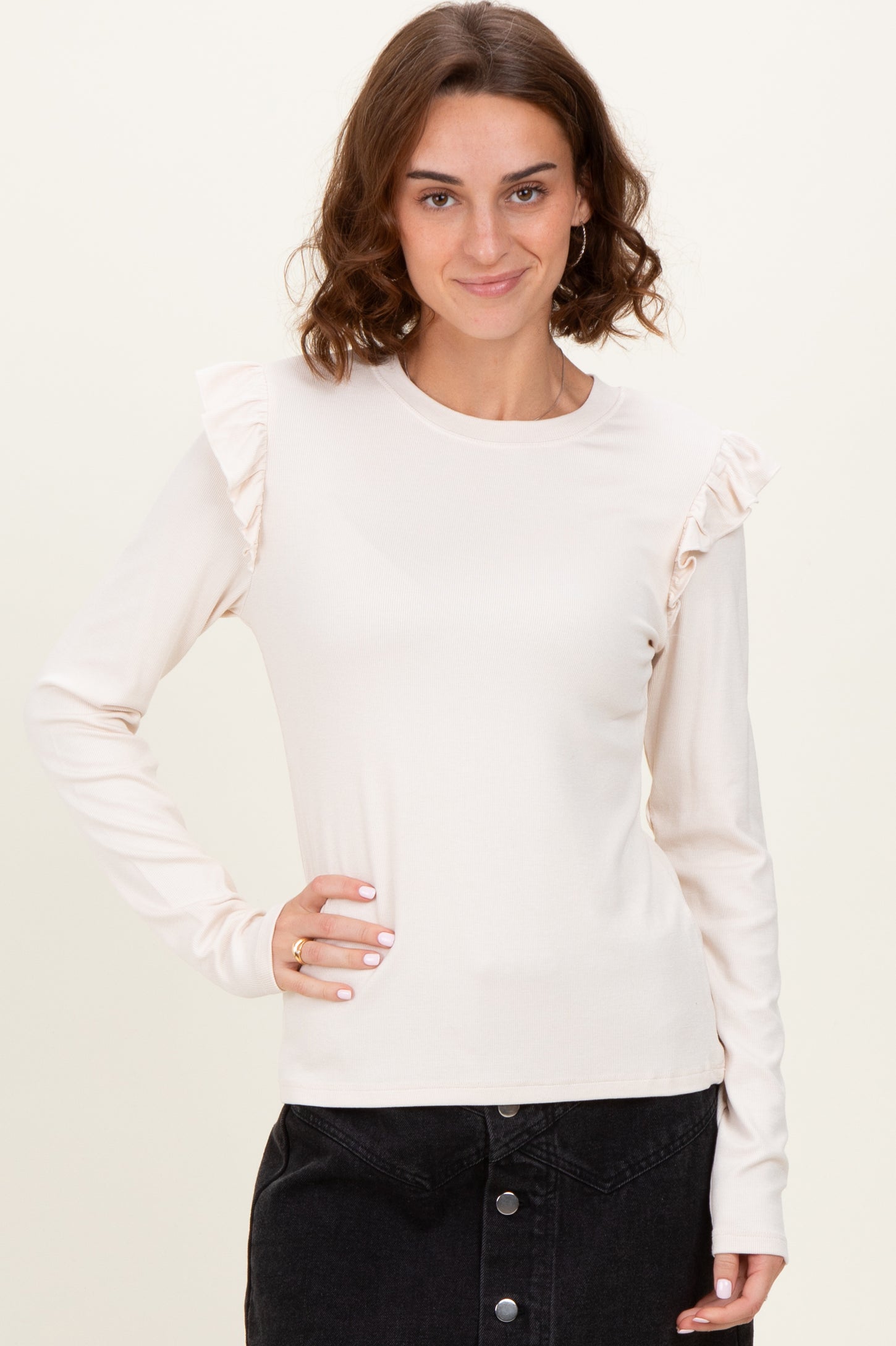 Cream Ribbed Knit Ruffle Detail Long Sleeve Top