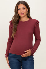 Burgundy Ribbed Knit Ruffle Detail Maternity Long Sleeve Top