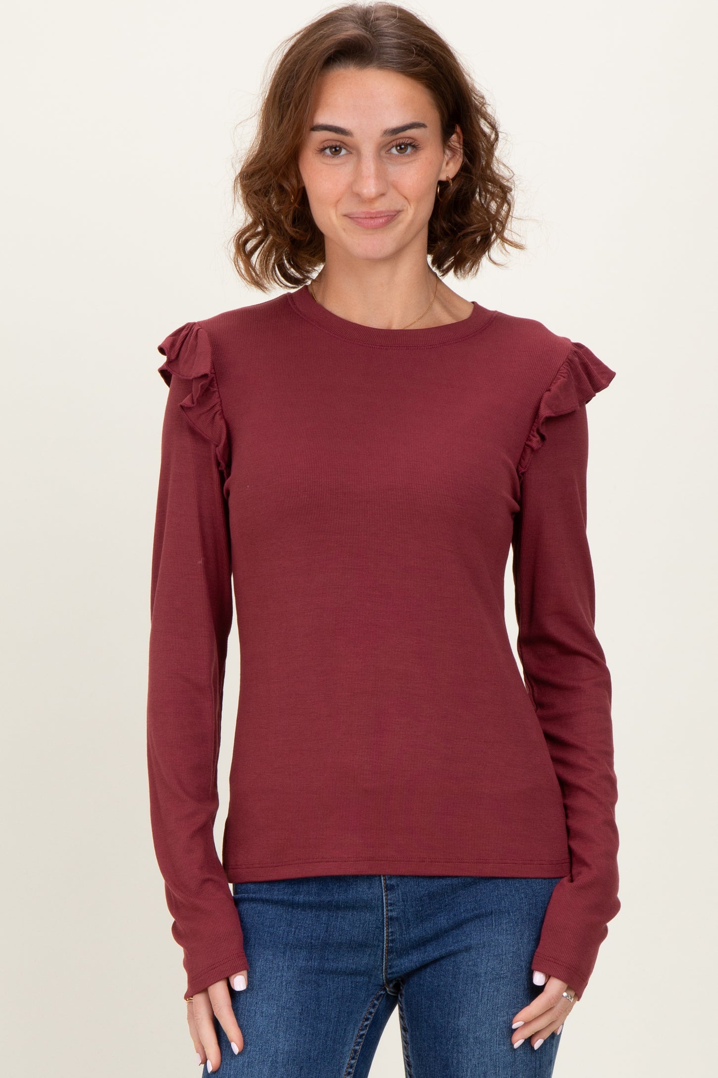 Burgundy Ribbed Knit Ruffle Detail Maternity Long Sleeve Top