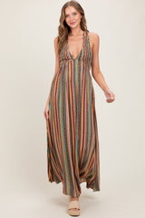 Multicolor Printed Halter Tie Back Cutout Maxi Dress