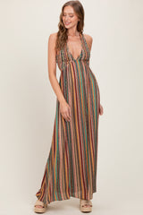 Multicolor Printed Halter Tie Back Cutout Maxi Dress
