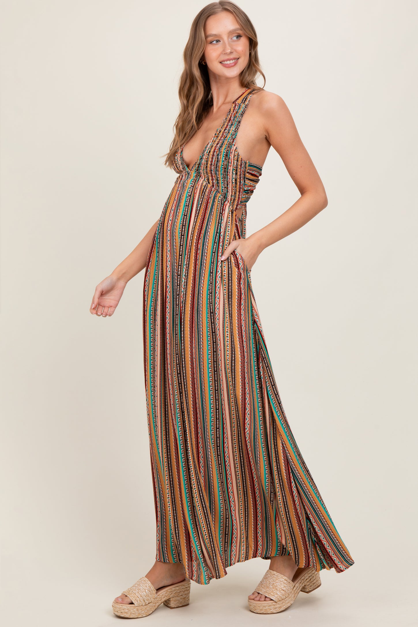 Multicolor Printed Halter Tie Back Cutout Maxi Dress