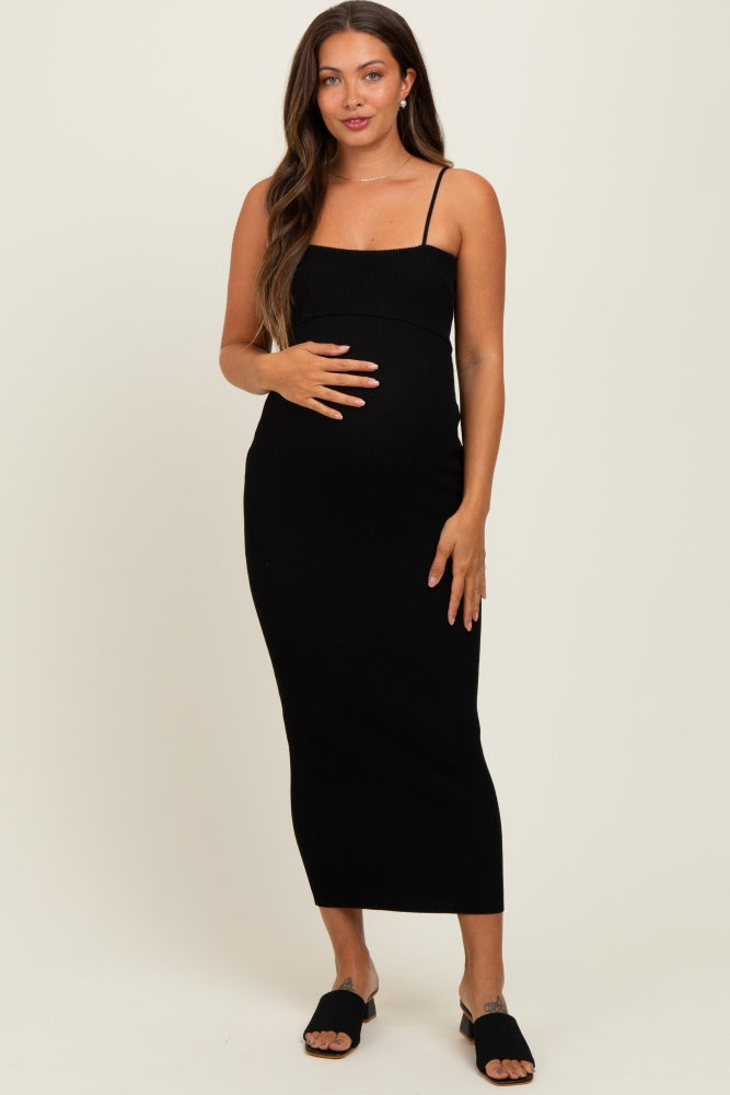 Black Rib Knit Off Shoulder Fitted Maternity Midi Dress