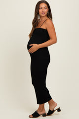 Black Rib Knit Off Shoulder Fitted Maternity Midi Dress