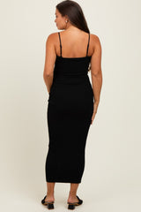 Black Rib Knit Off Shoulder Fitted Maternity Midi Dress