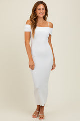 Ivory Rib Knit Off Shoulder Fitted Midi Dress