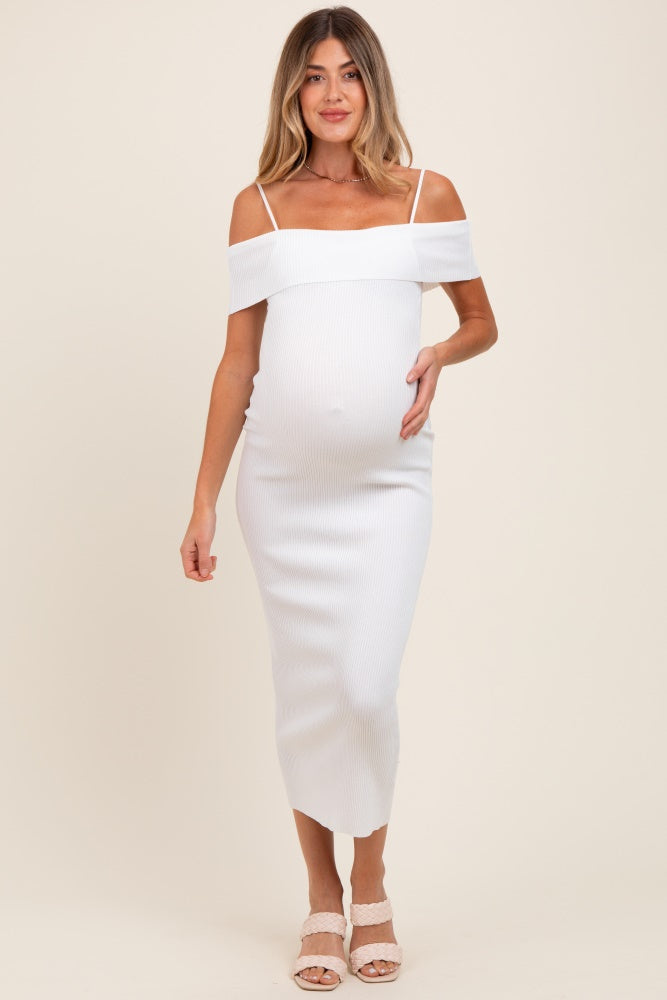 Ivory Rib Knit Off Shoulder Fitted Maternity Midi Dress