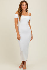 Ivory Rib Knit Off Shoulder Fitted Maternity Midi Dress