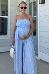 Blue Striped Smocked Maternity Midi Dress