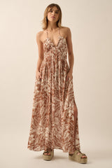 Taupe Floral Ruched V-Neck Halter Maternity Maxi Dress