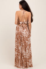 Taupe Floral Ruched V-Neck Halter Maternity Maxi Dress