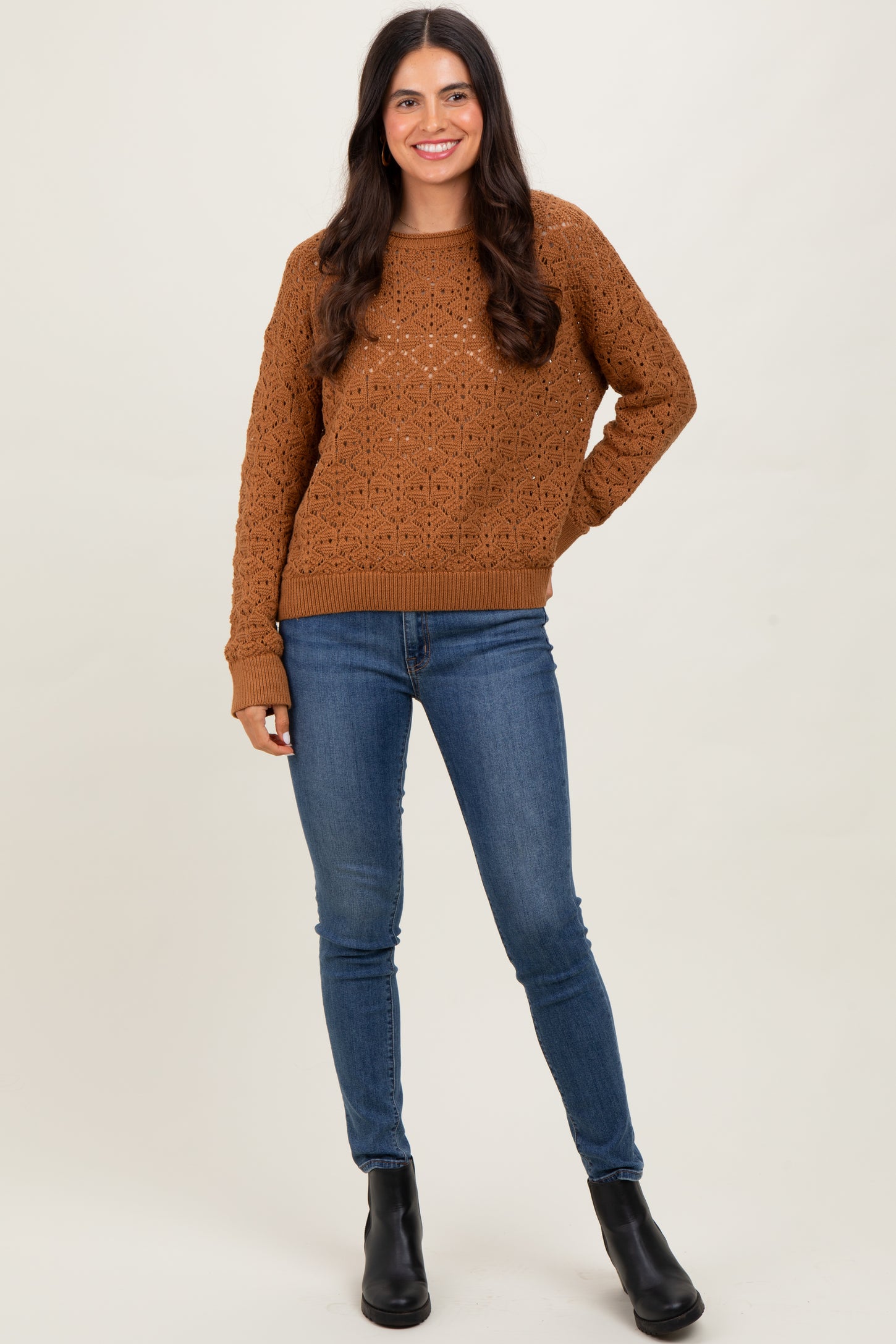 Camel Crochet Knit Drop Shoulder Sweater