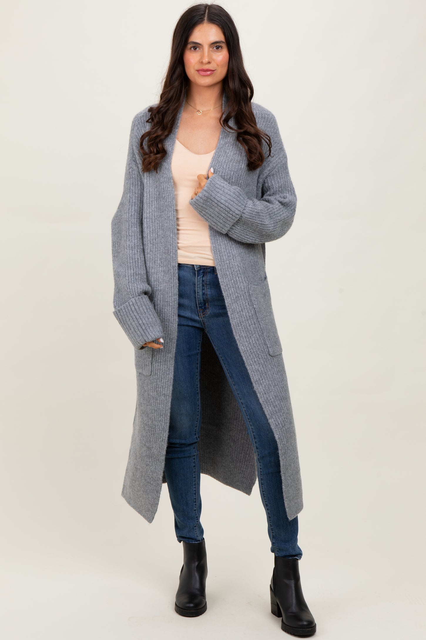 Grey Ribbed Chunky Knit Long Oversized Maternity Cardigan