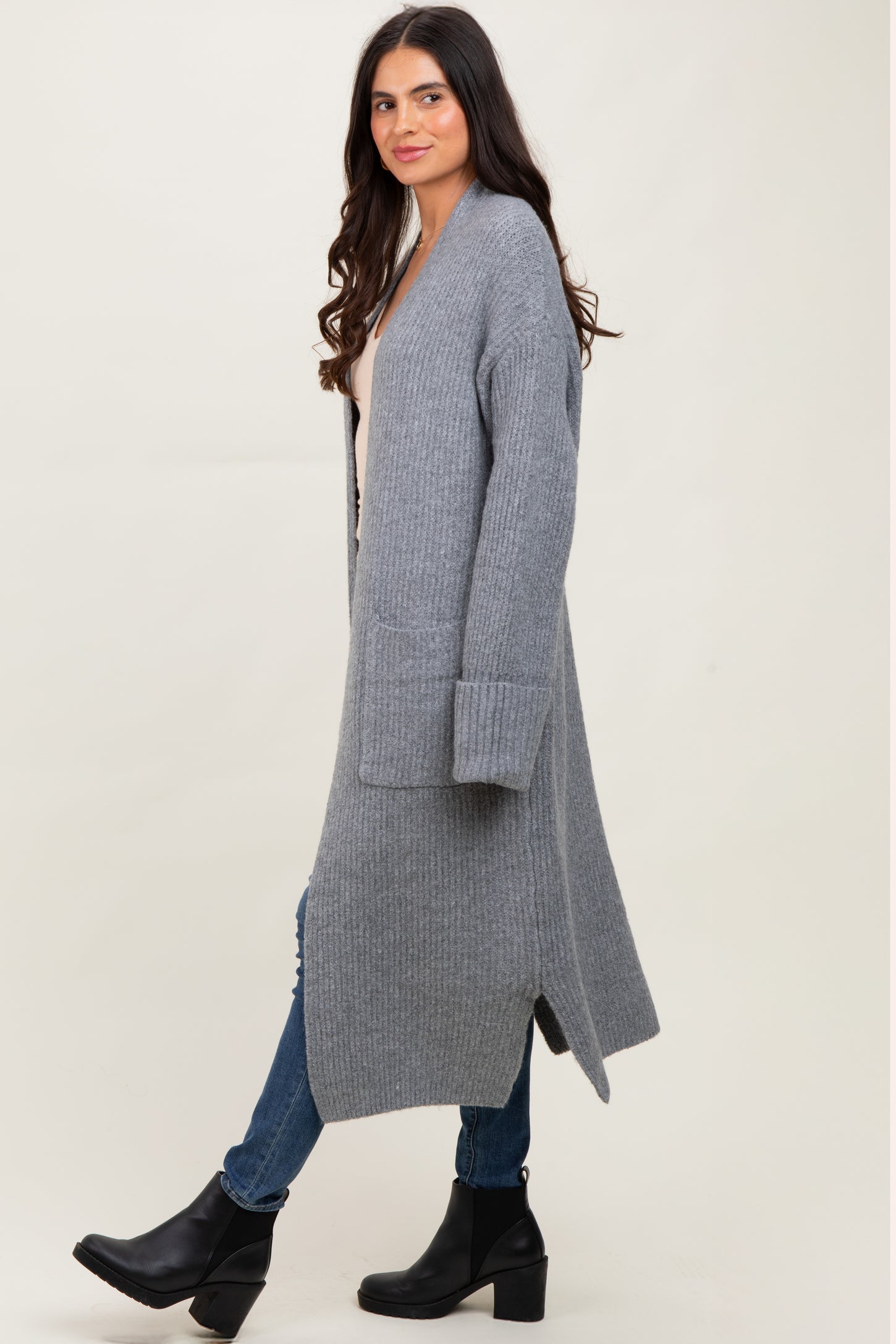 Grey Ribbed Chunky Knit Long Oversized Cardigan
