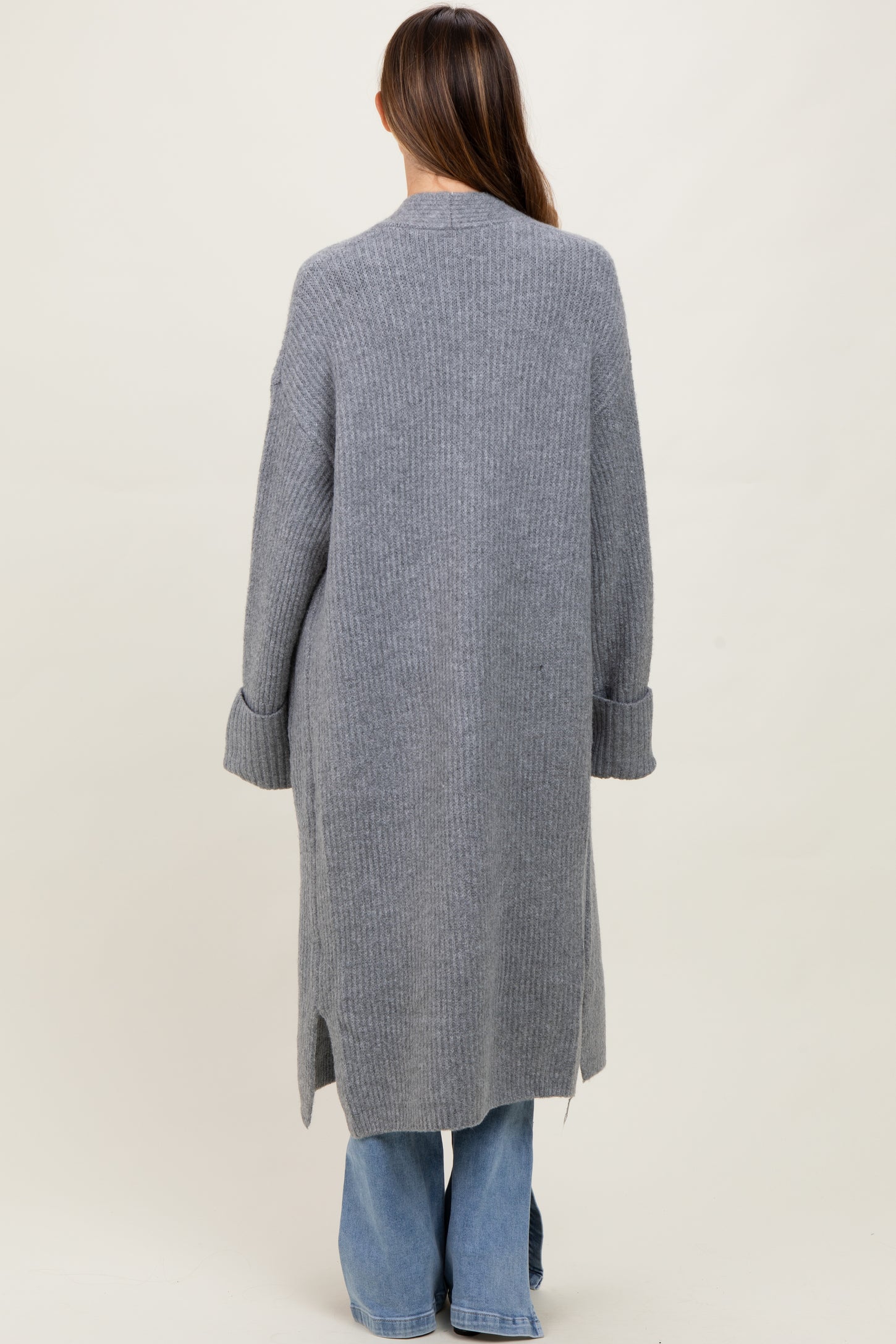 Grey Ribbed Chunky Knit Long Oversized Maternity Cardigan