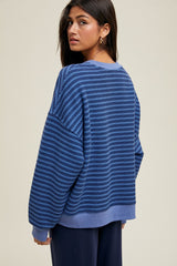 Blue Striped Knit Relaxed Fit Pullover