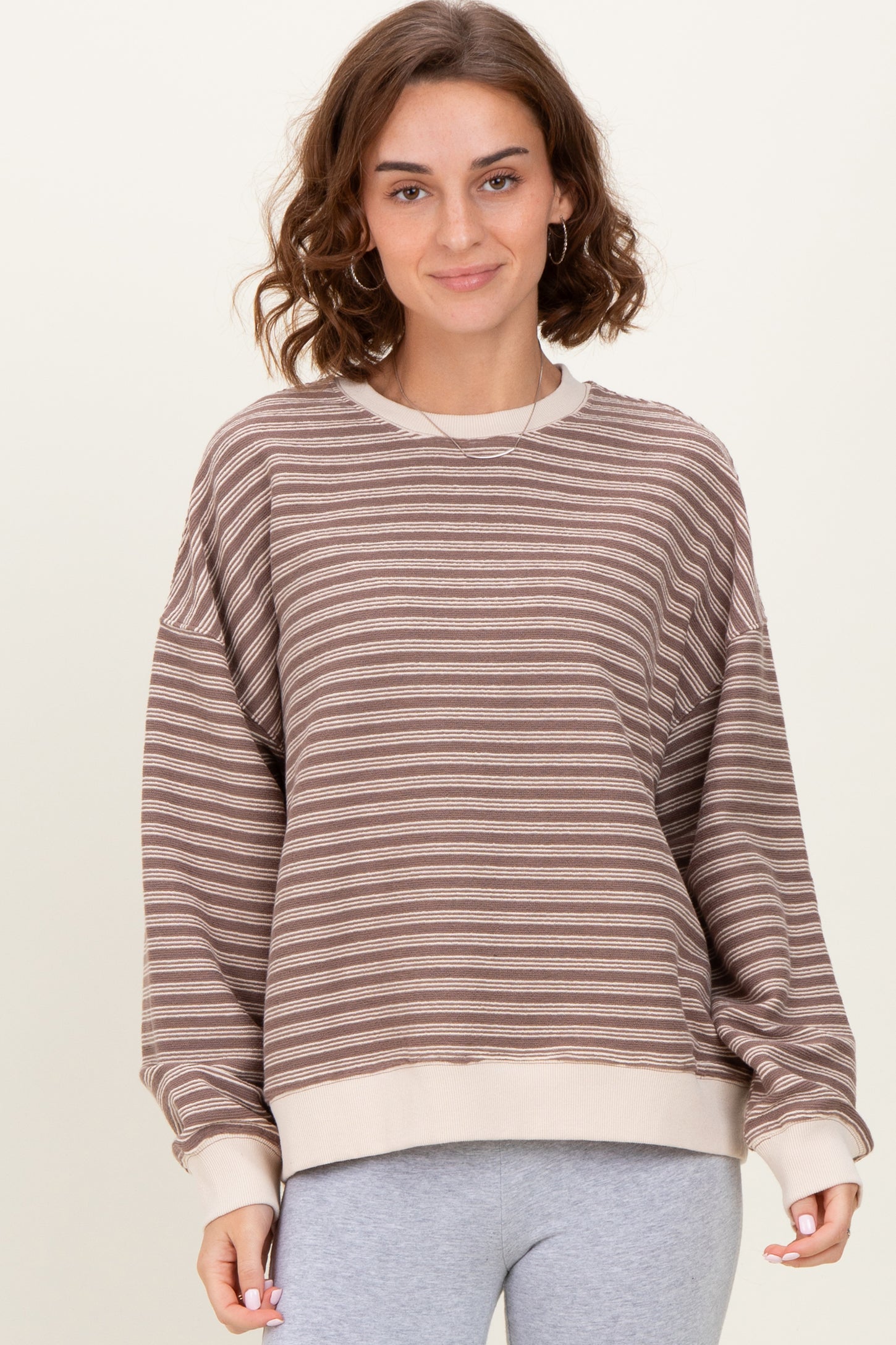 Mocha Striped Knit Relaxed Fit Pullover