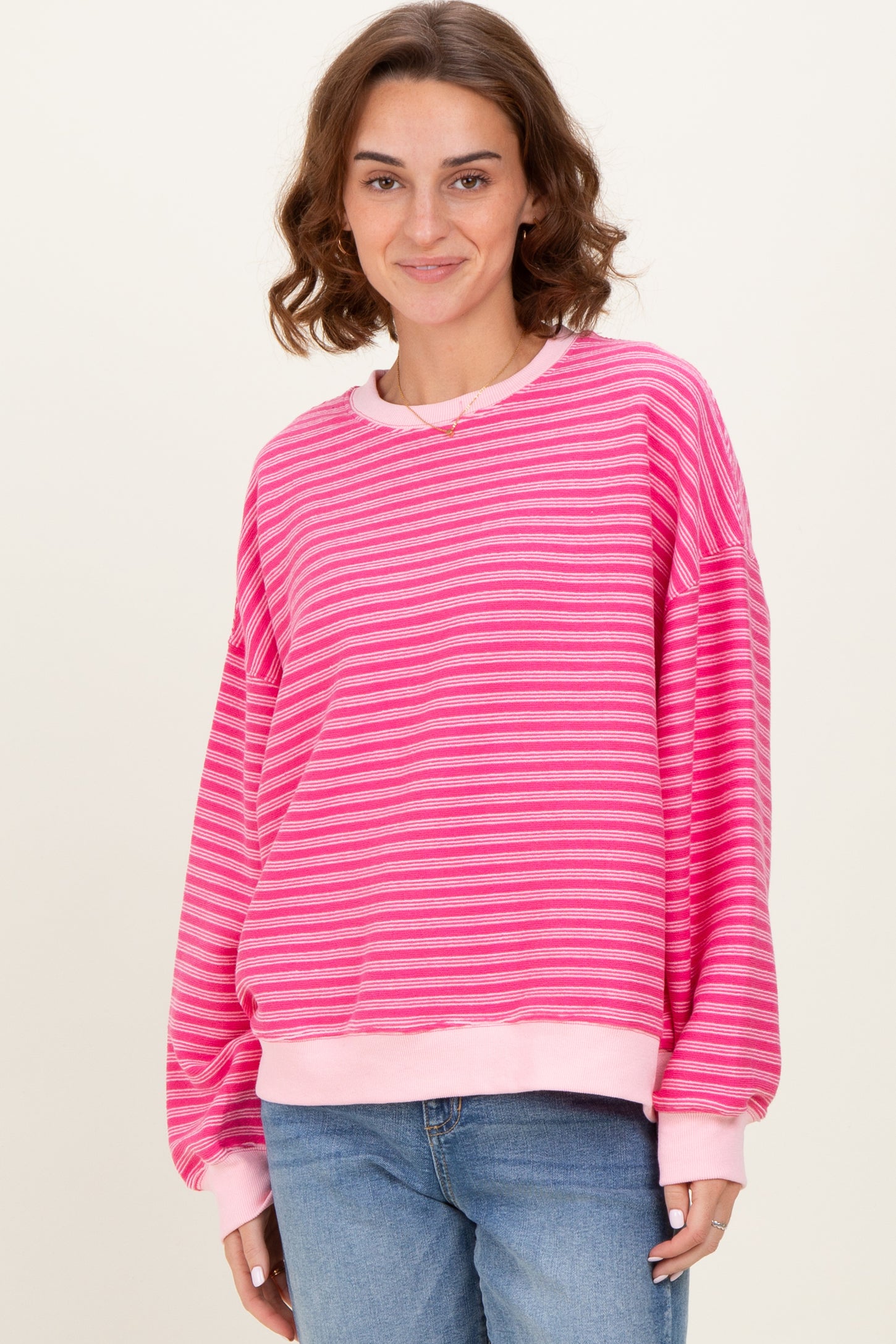 Pink Striped Knit Relaxed Fit Pullover