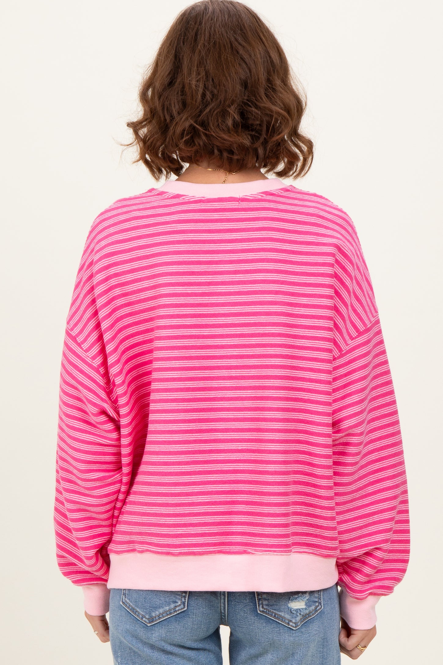Pink Striped Knit Relaxed Fit Pullover