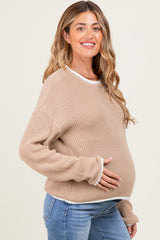 Taupe Contrast Trim Maternity Sweater