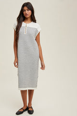 White Striped Knit Button Detail Midi Dress