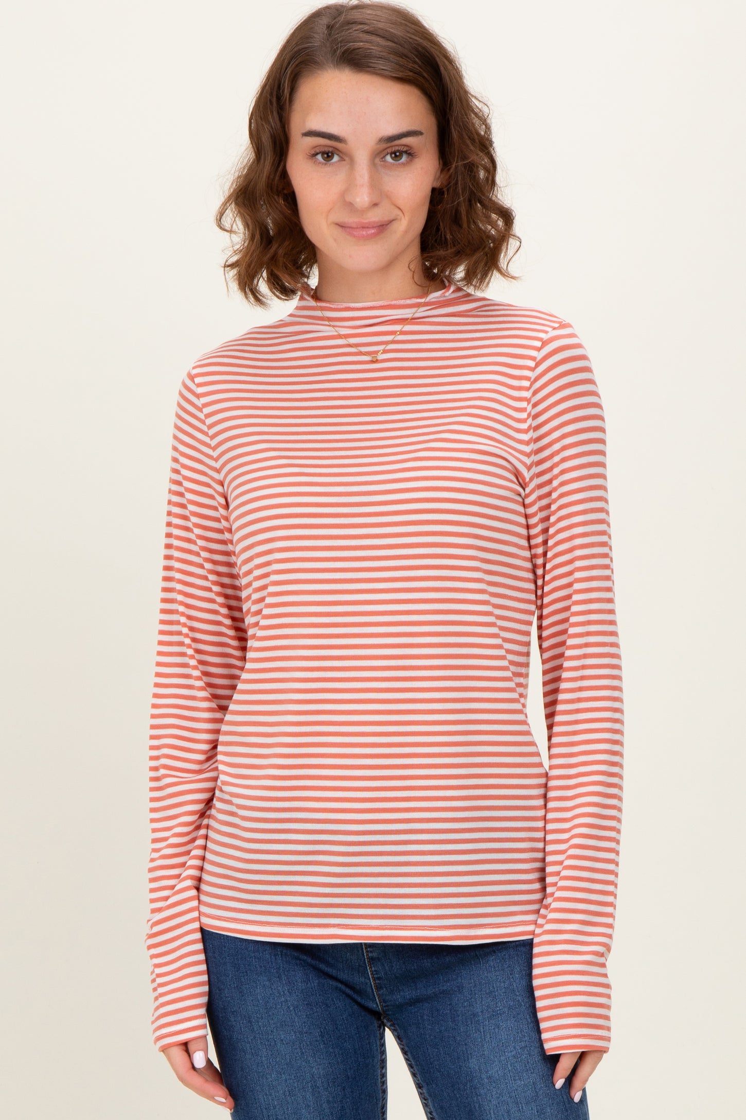 Rust Striped High Neck Maternity Long Sleeve Top