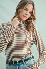 Mocha Striped High Neck Long Sleeve Top