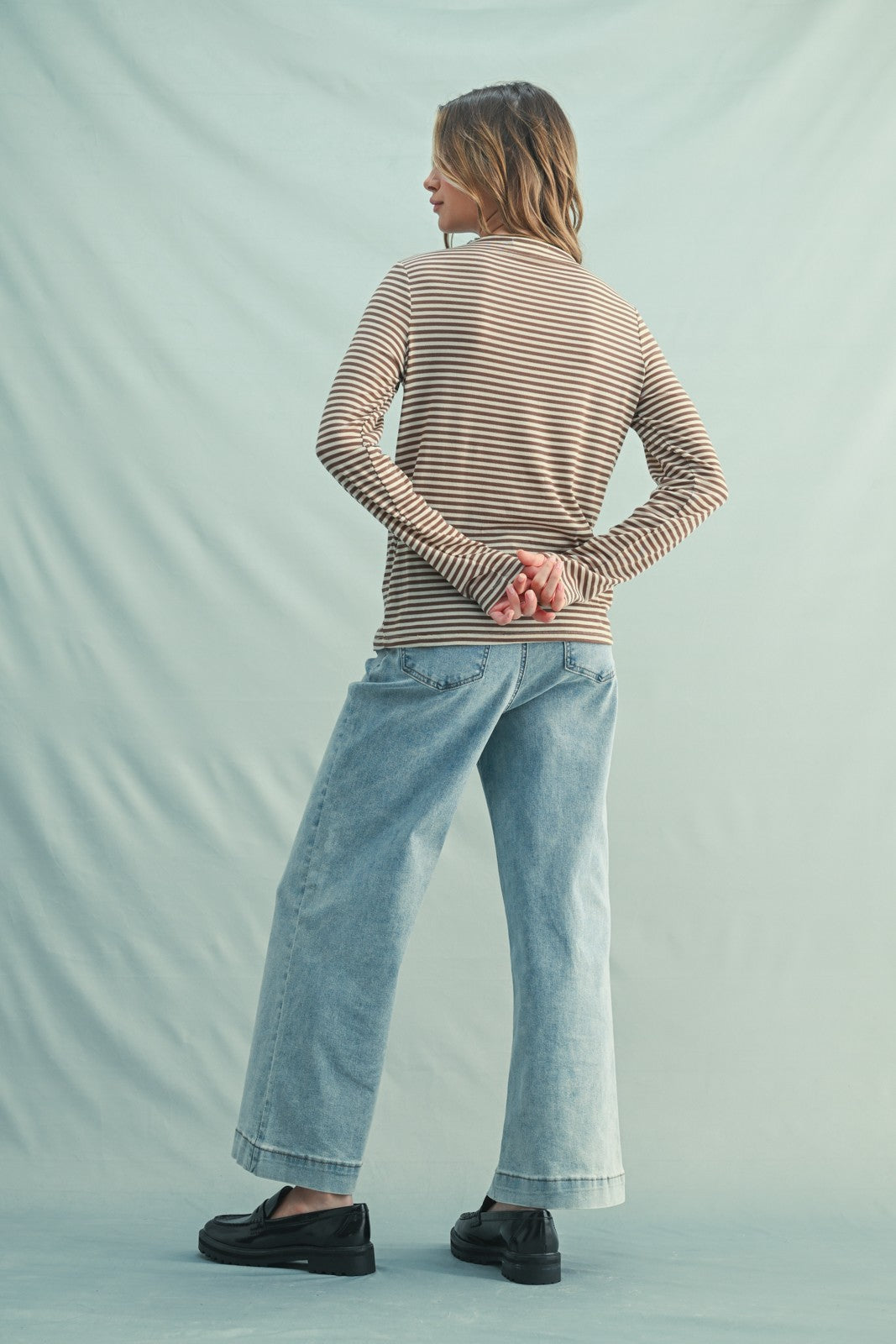 Mocha Striped High Neck Long Sleeve Top