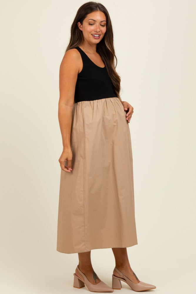 Black Knit Contrast Top Sleeveless Maternity Midi Dress