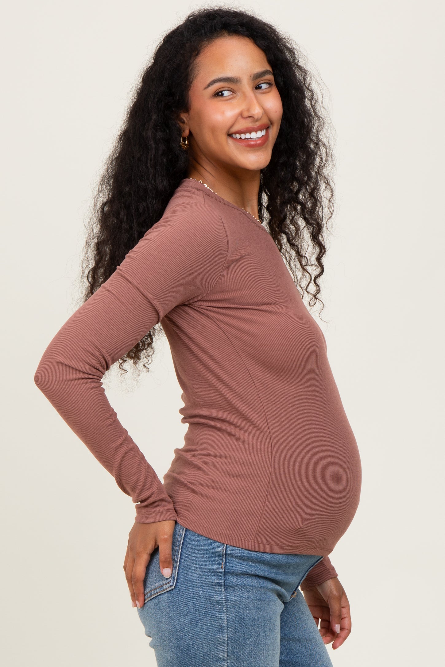 Burgundy Ribbed Maternity Long Sleeve Top