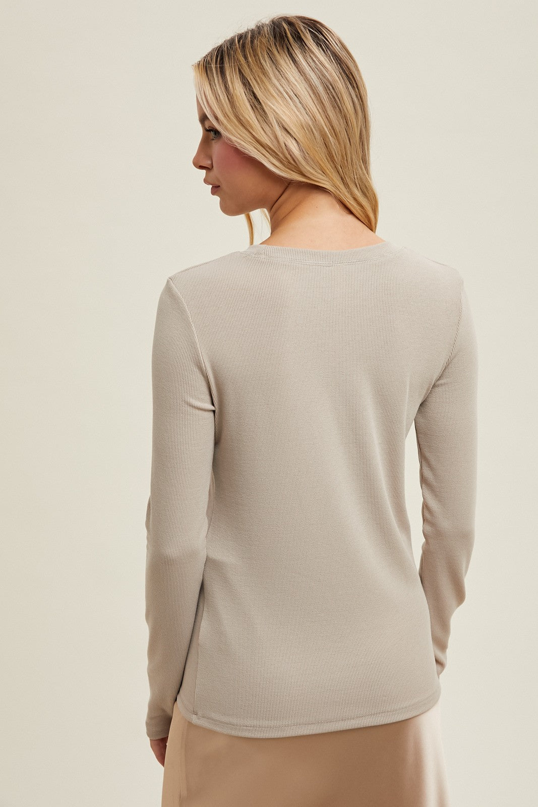 Beige Ribbed Long Sleeve Top