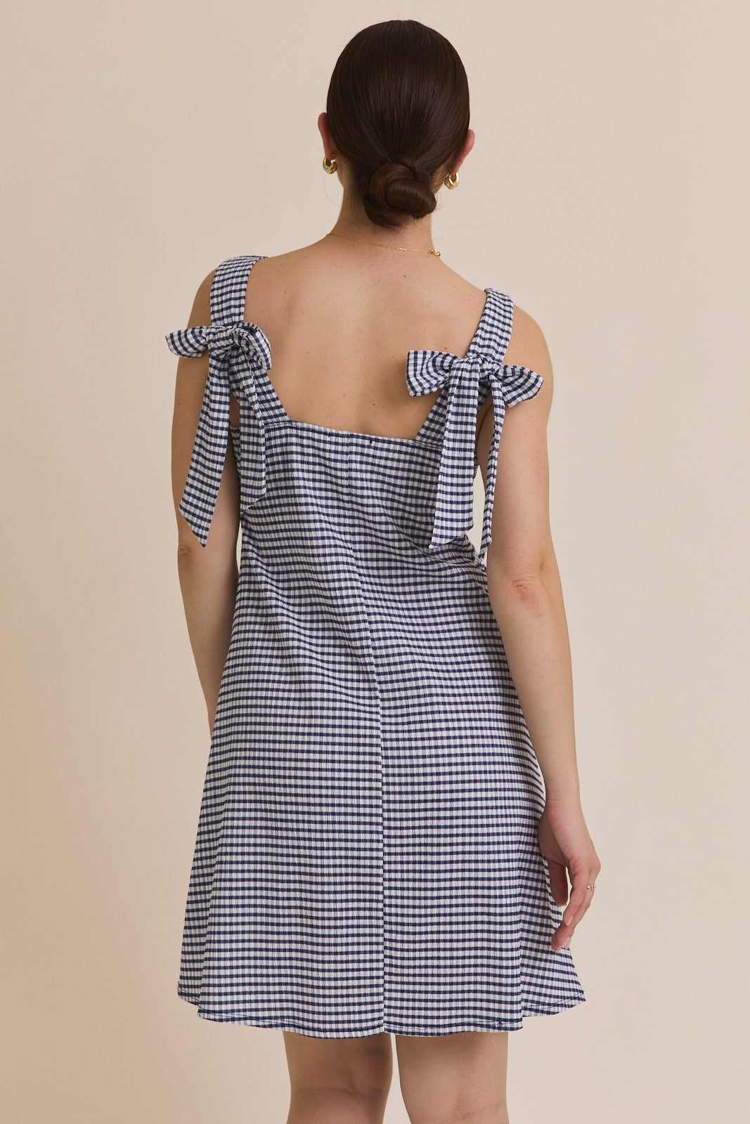 Navy Gingham Square Neck Bow Strap Dress
