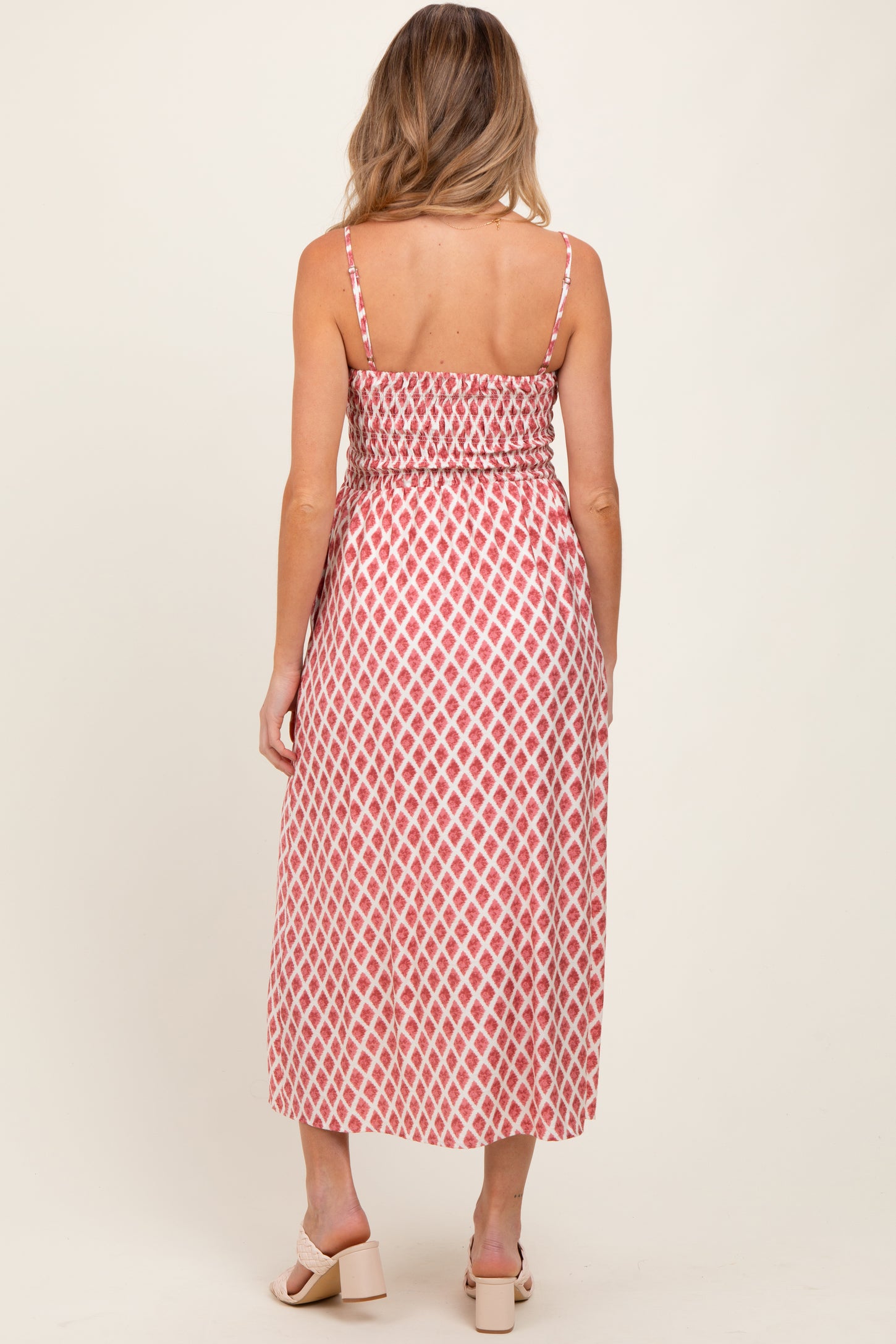 Pink Diamond Print Smocked Maternity Midi Dress