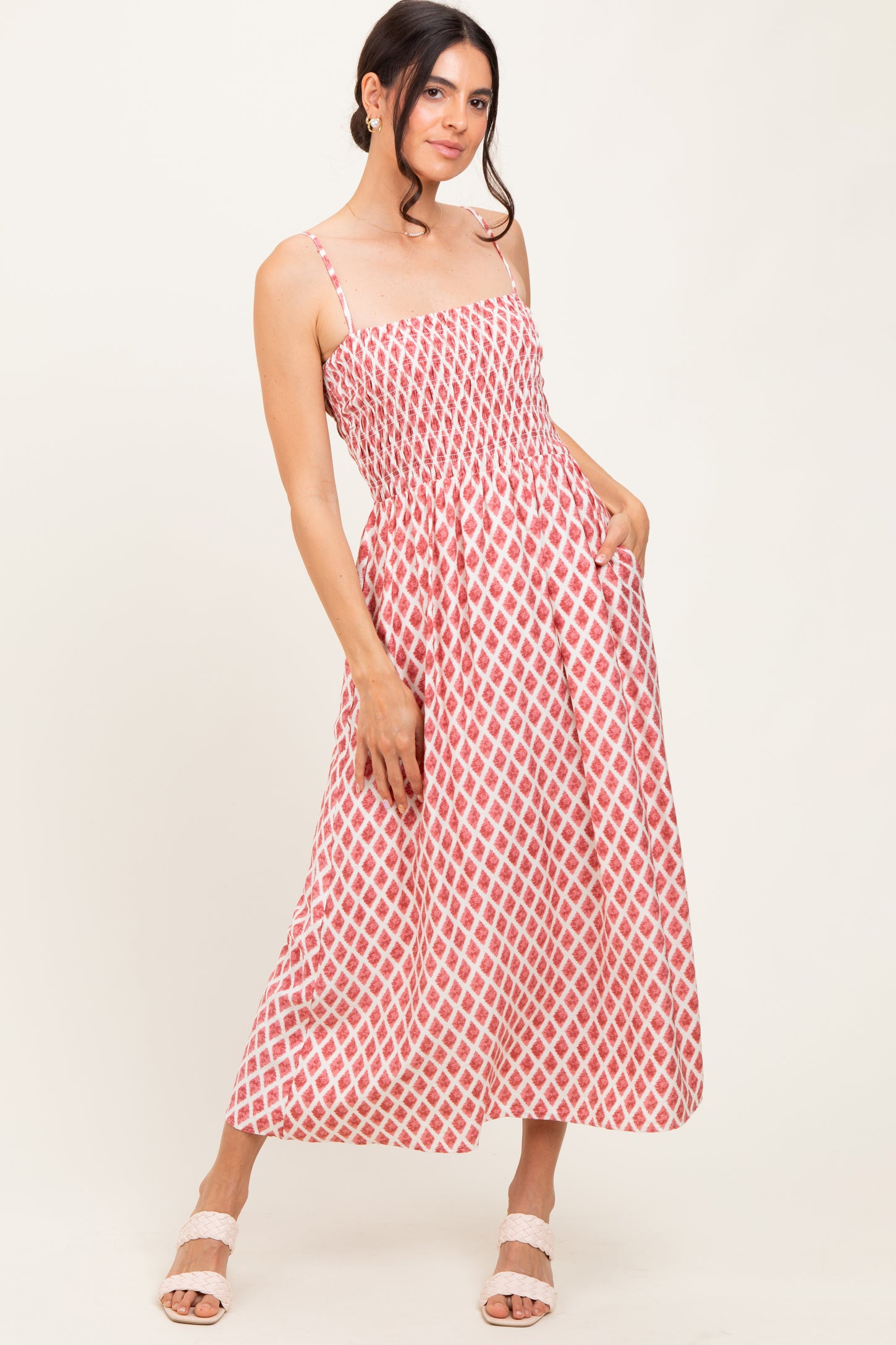 Pink Diamond Print Smocked Maternity Midi Dress