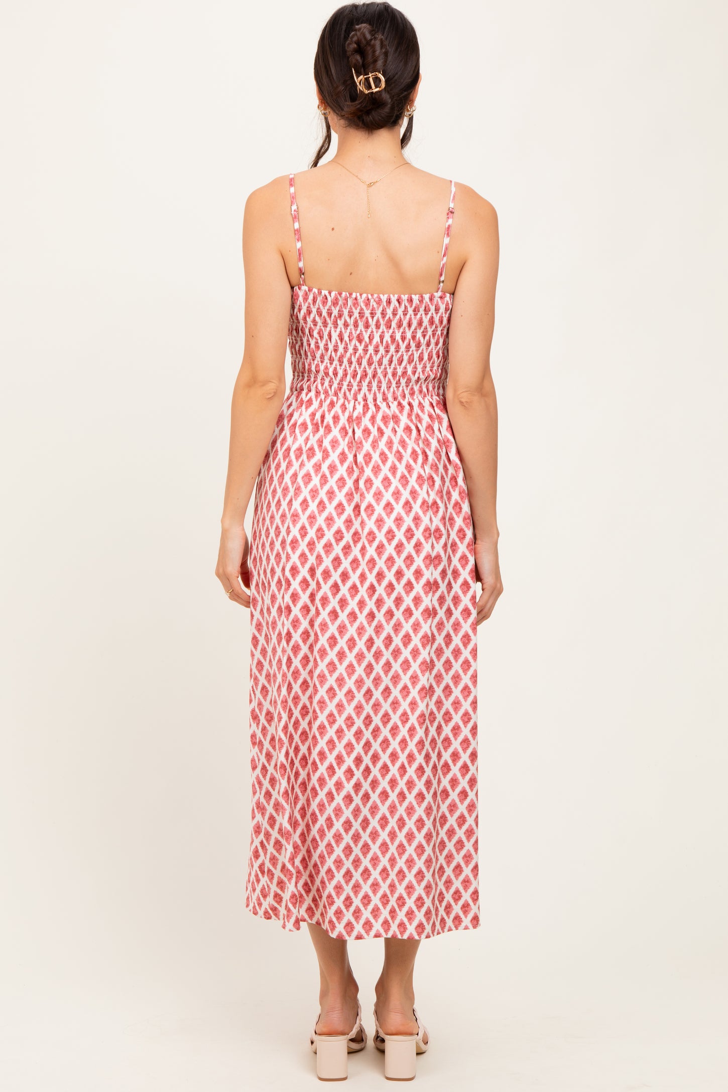 Pink Diamond Print Smocked Midi Dress