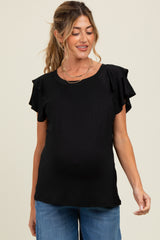 Black Double Ruffle Sleeve Maternity T-Shirt