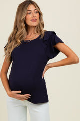 Navy Double Ruffle Sleeve Maternity T-Shirt