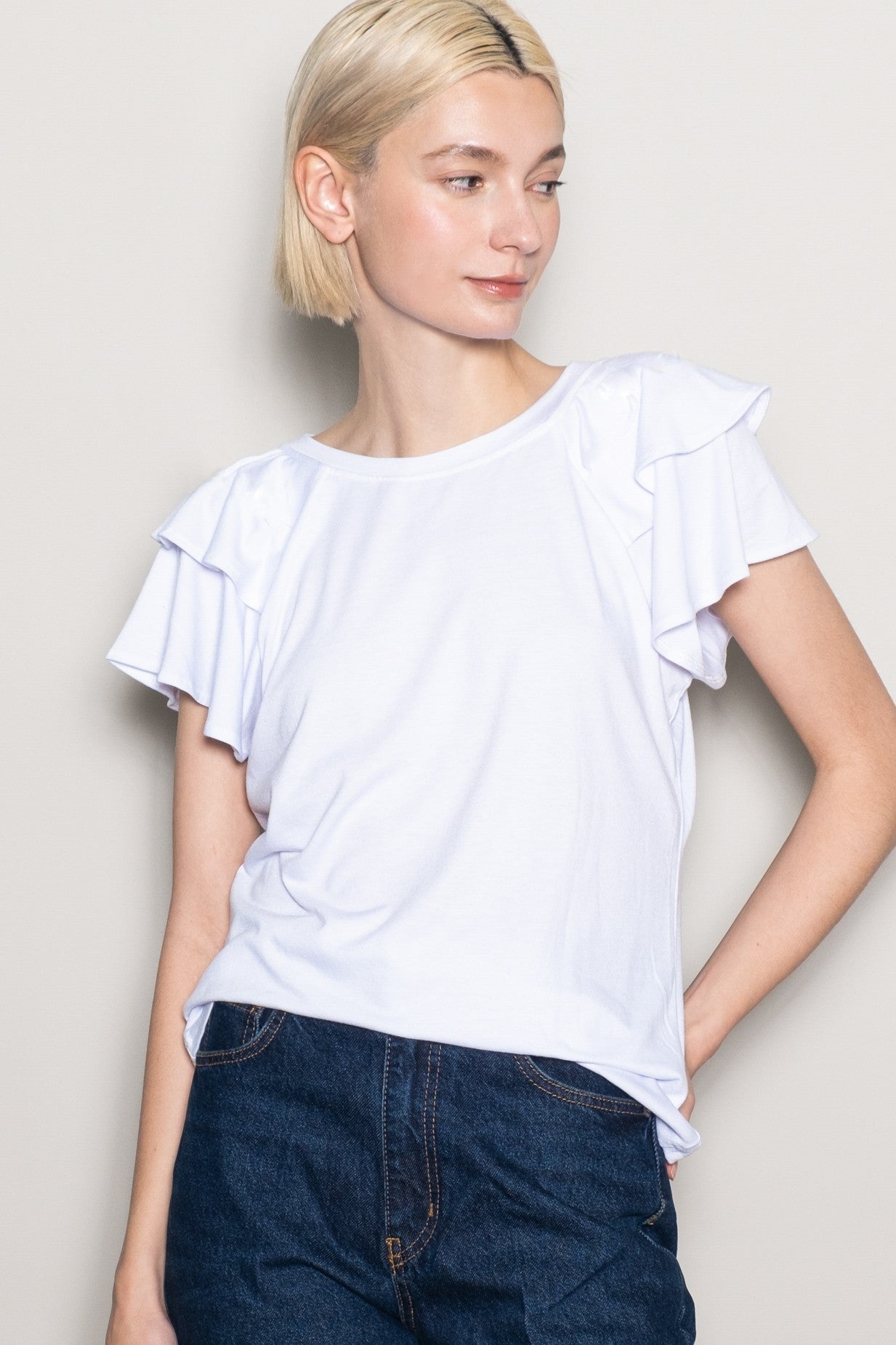 White Double Ruffle Sleeve T-Shirt