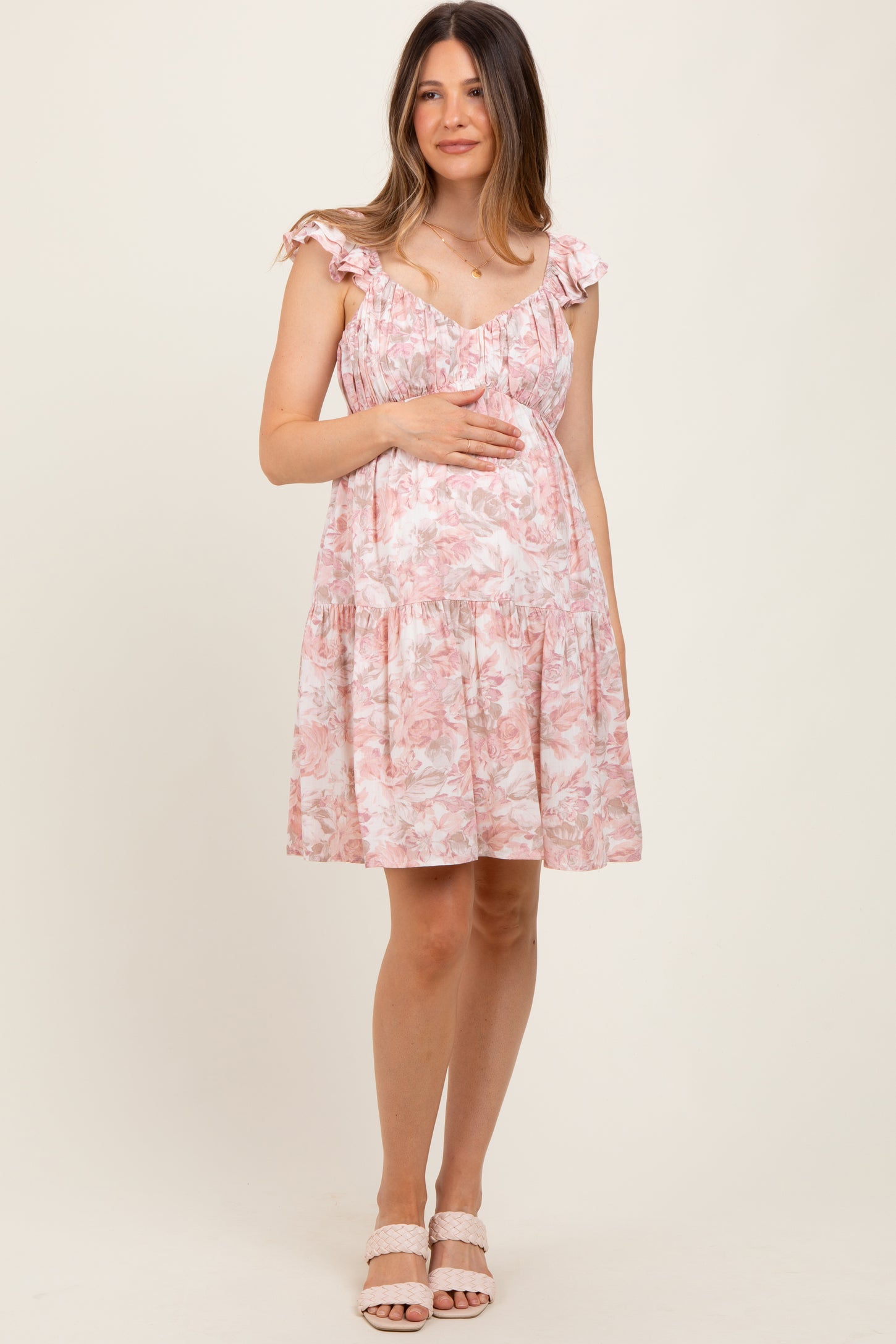 Pink Floral Ruffle Sleeve Tiered Maternity Mini Dress