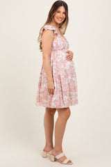 Pink Floral Ruffle Sleeve Tiered Maternity Mini Dress