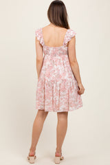 Pink Floral Ruffle Sleeve Tiered Maternity Mini Dress