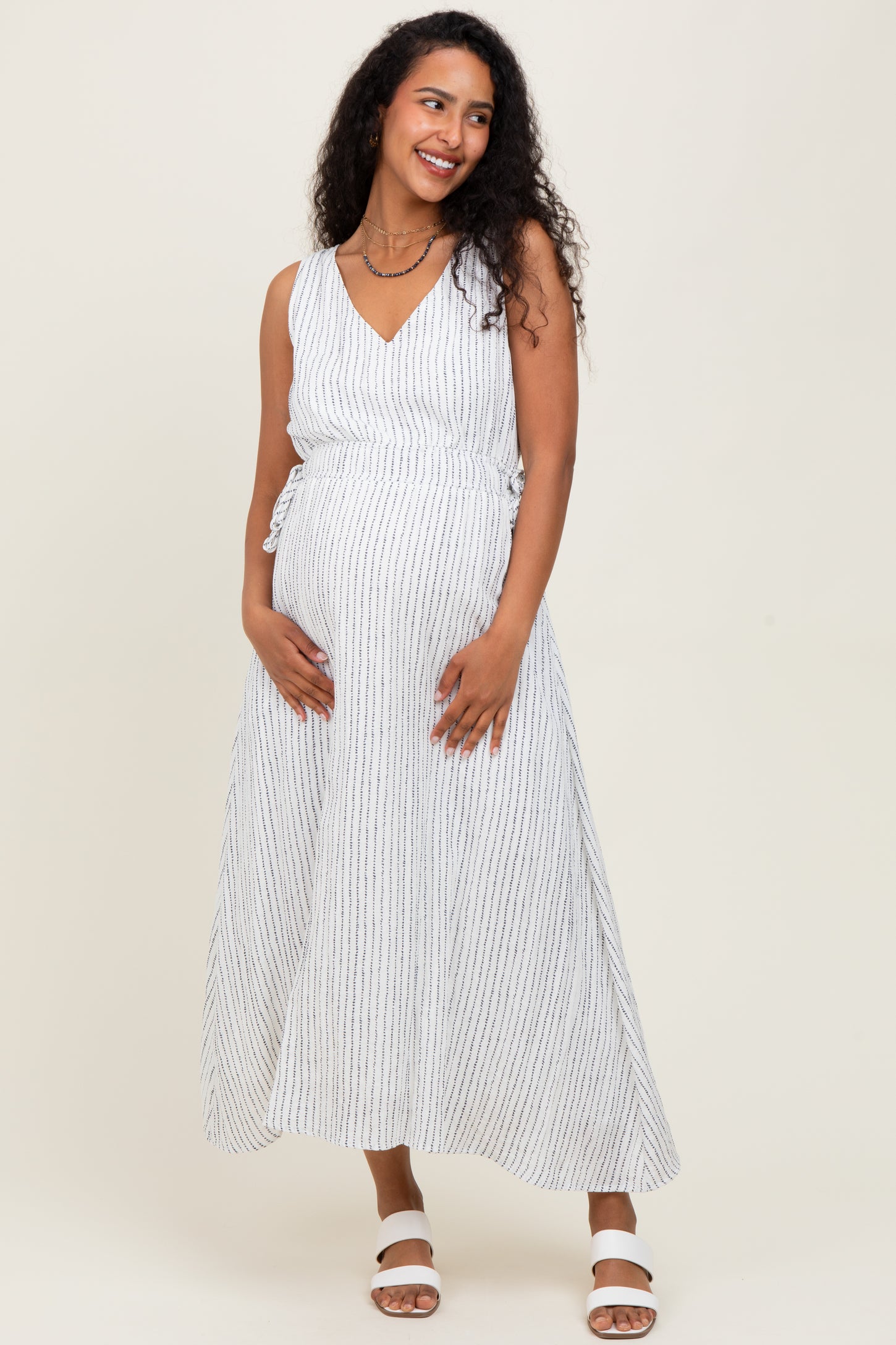 Ivory Dotted Stripe Side Tie Sleeveless Maternity Midi Dress