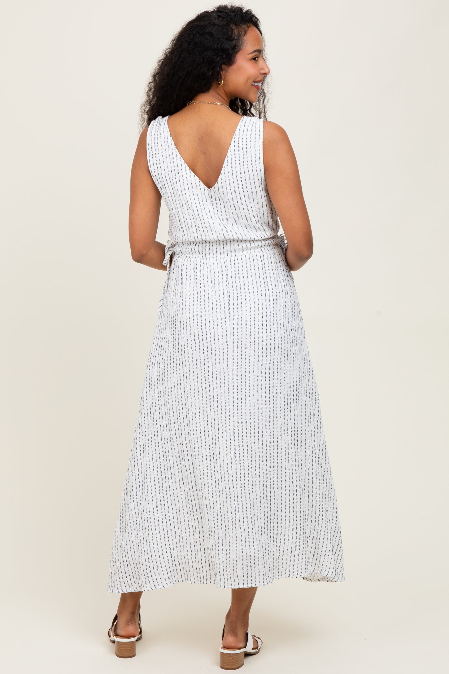 Ivory Dotted Stripe Side Tie Sleeveless Maternity Midi Dress