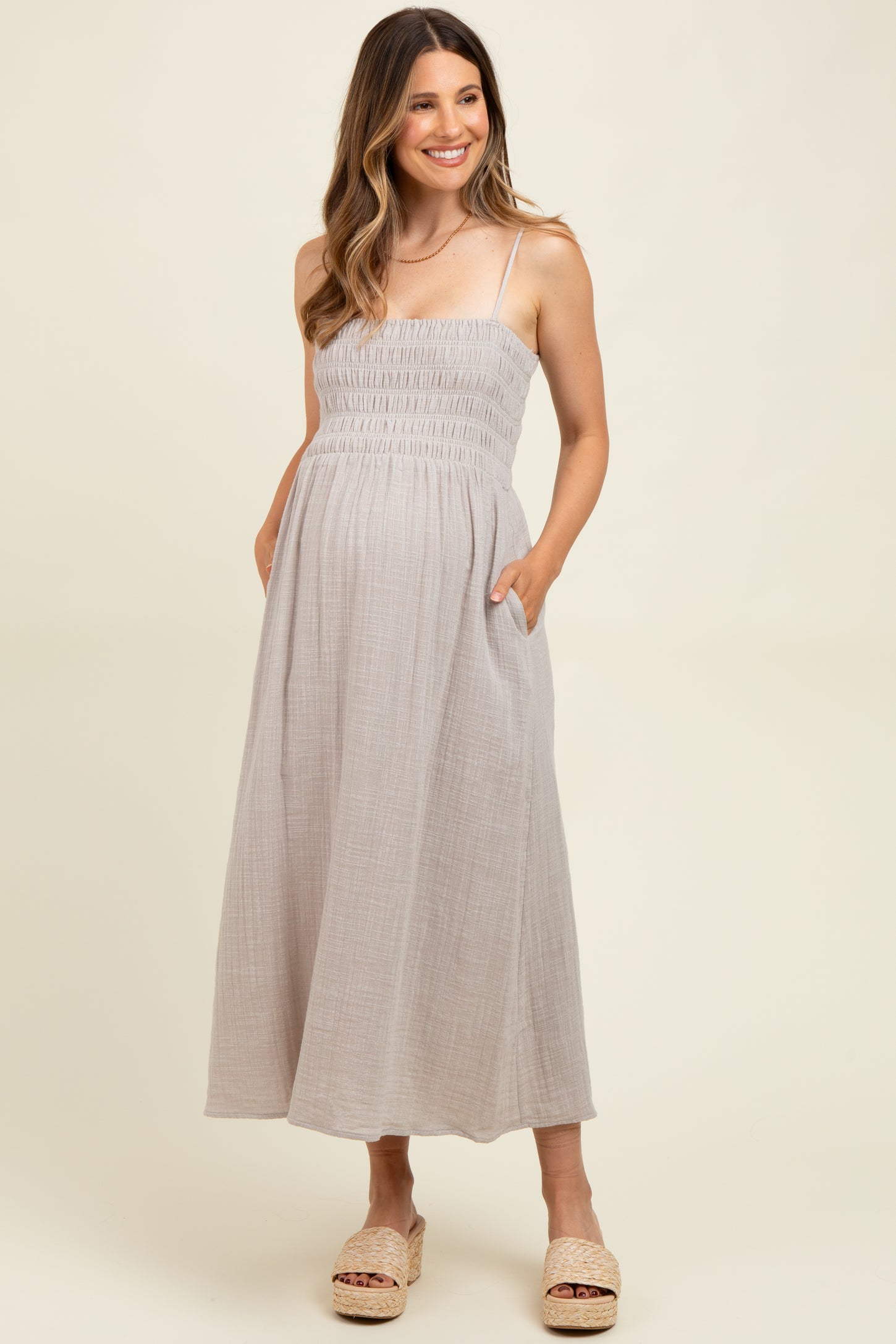 Grey Smocked Cotton Gauze Maternity Midi Dress