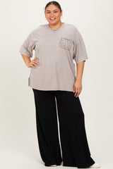 Taupe Mineral Wash Crochet Pocket Maternity Plus Top