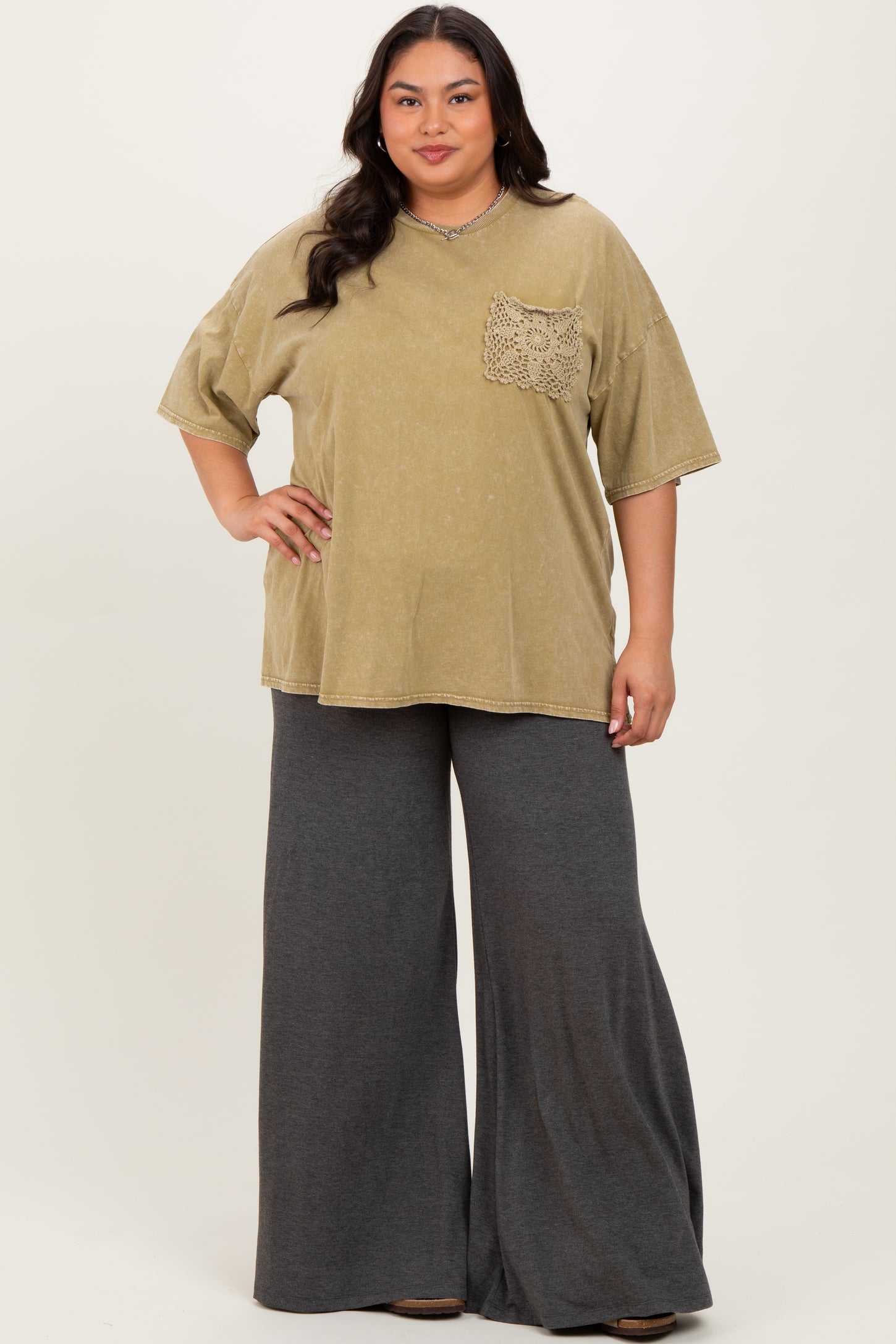 Light Olive Mineral Wash Crochet Pocket Plus Top