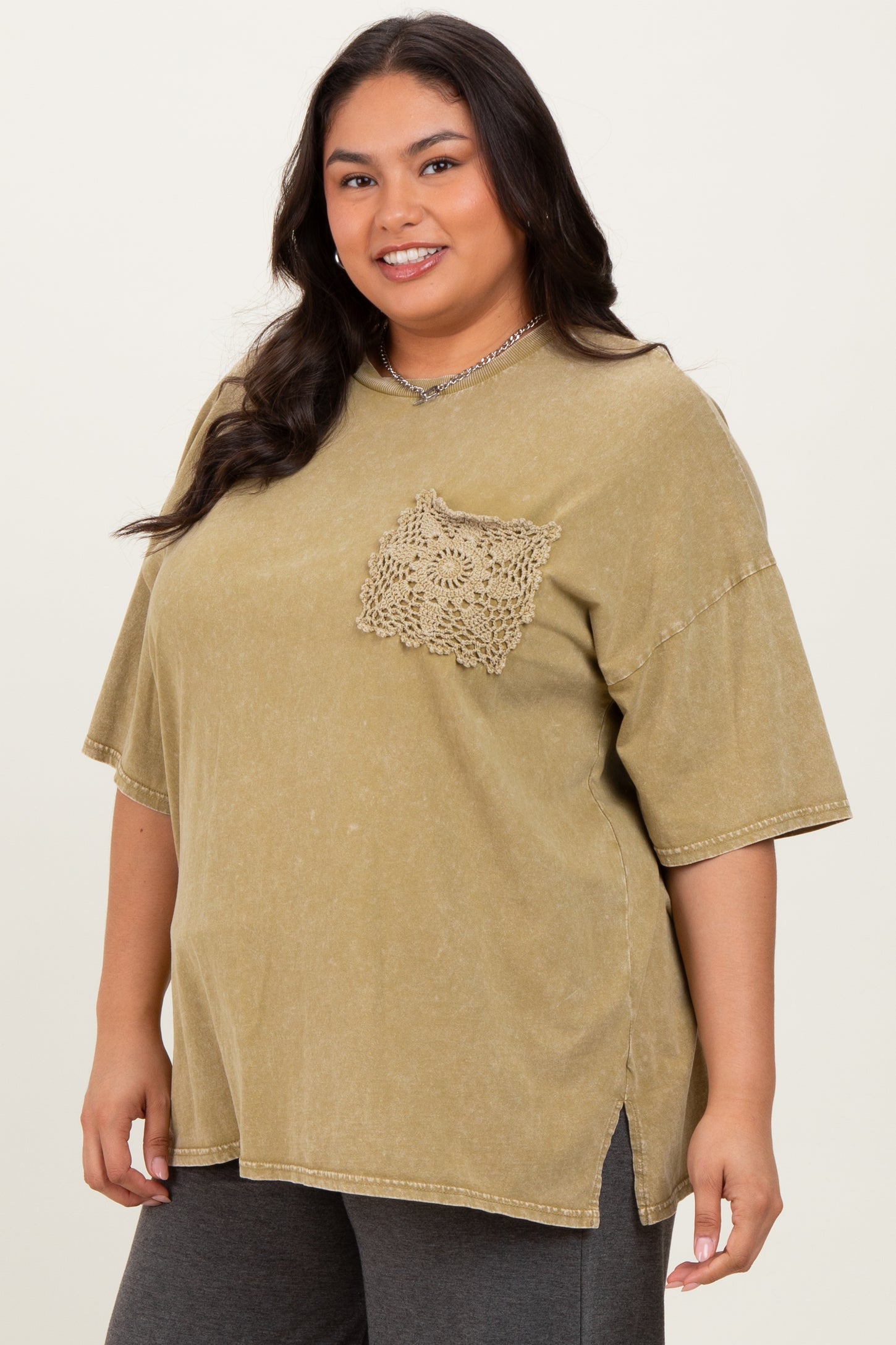 Light Olive Mineral Wash Crochet Pocket Plus Top